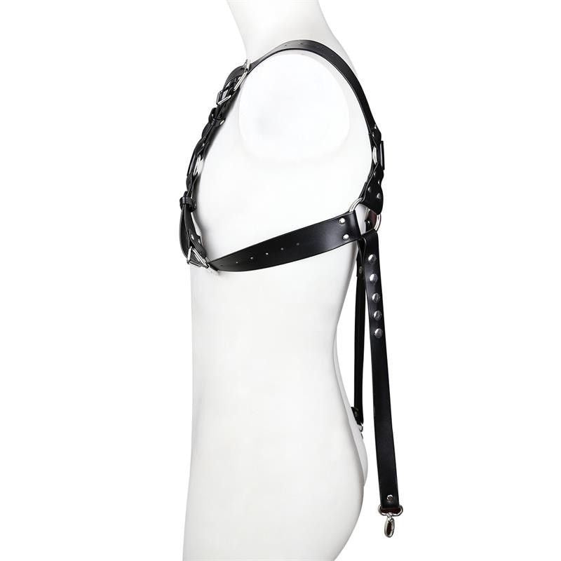 Image of Sex toy leather bondage belt sm prop gay man with a bondage corset tight leather jacket GAY leather pants suspender